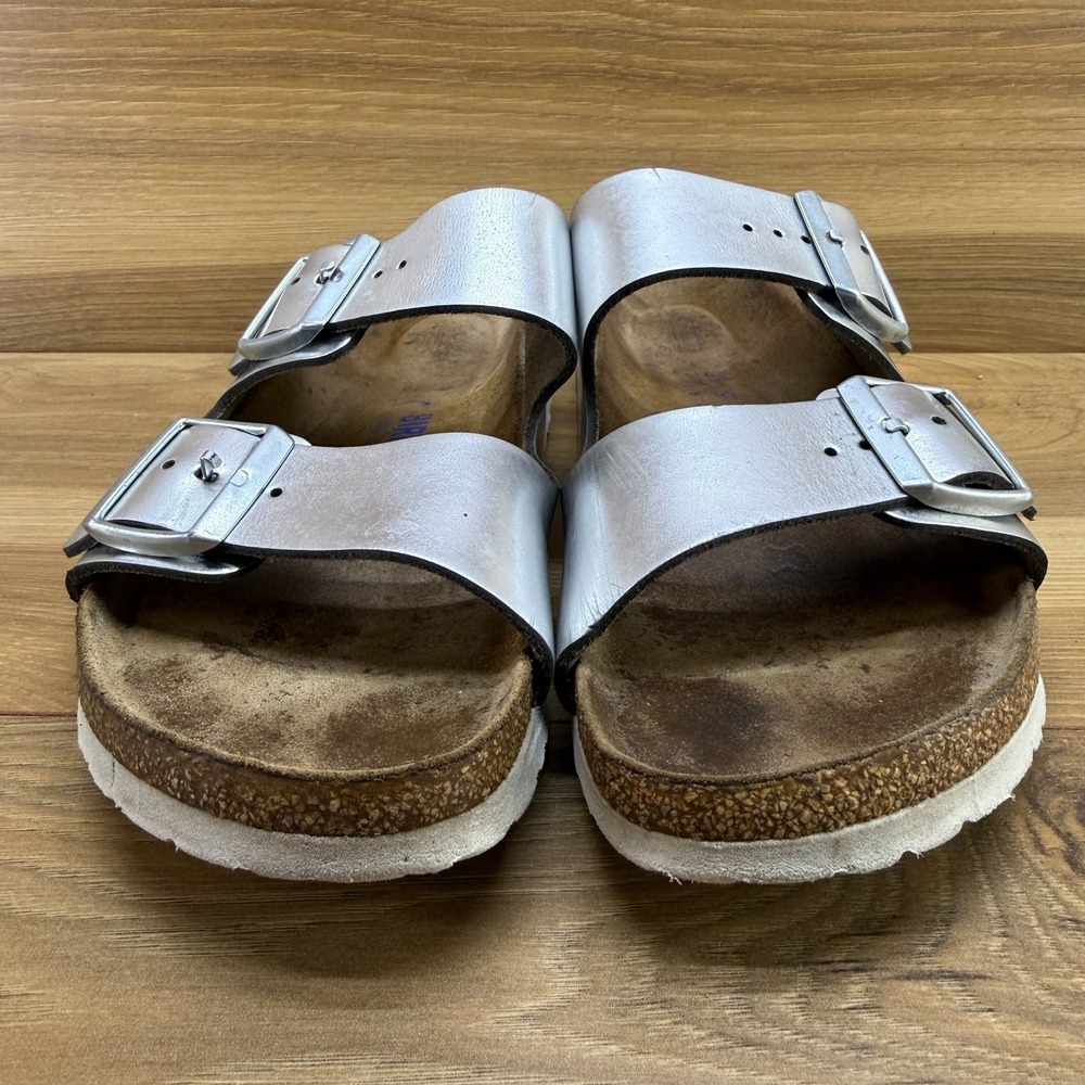Birkenstock Arizona Soft Footbed Sandals Womens 8 N EU 39 Silver Leather Travel - Picture 4 of 10